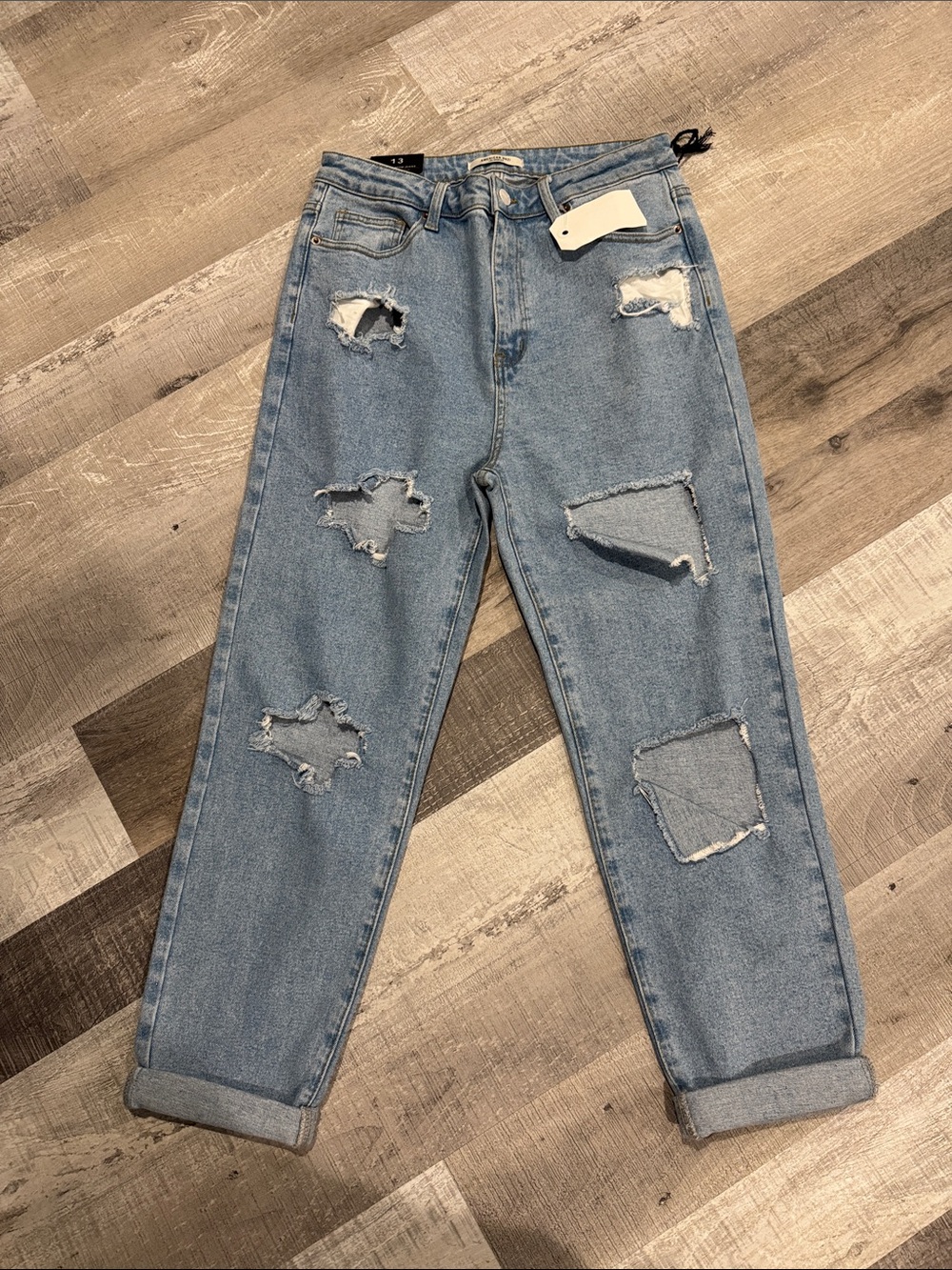 NWT American Bazi Classic High-Rise Distressed Mom Jeans - Light Blue